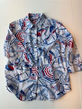 Alia Woman’s 8 White 100% Cotton Button-Down Shirt with Umbrella Print